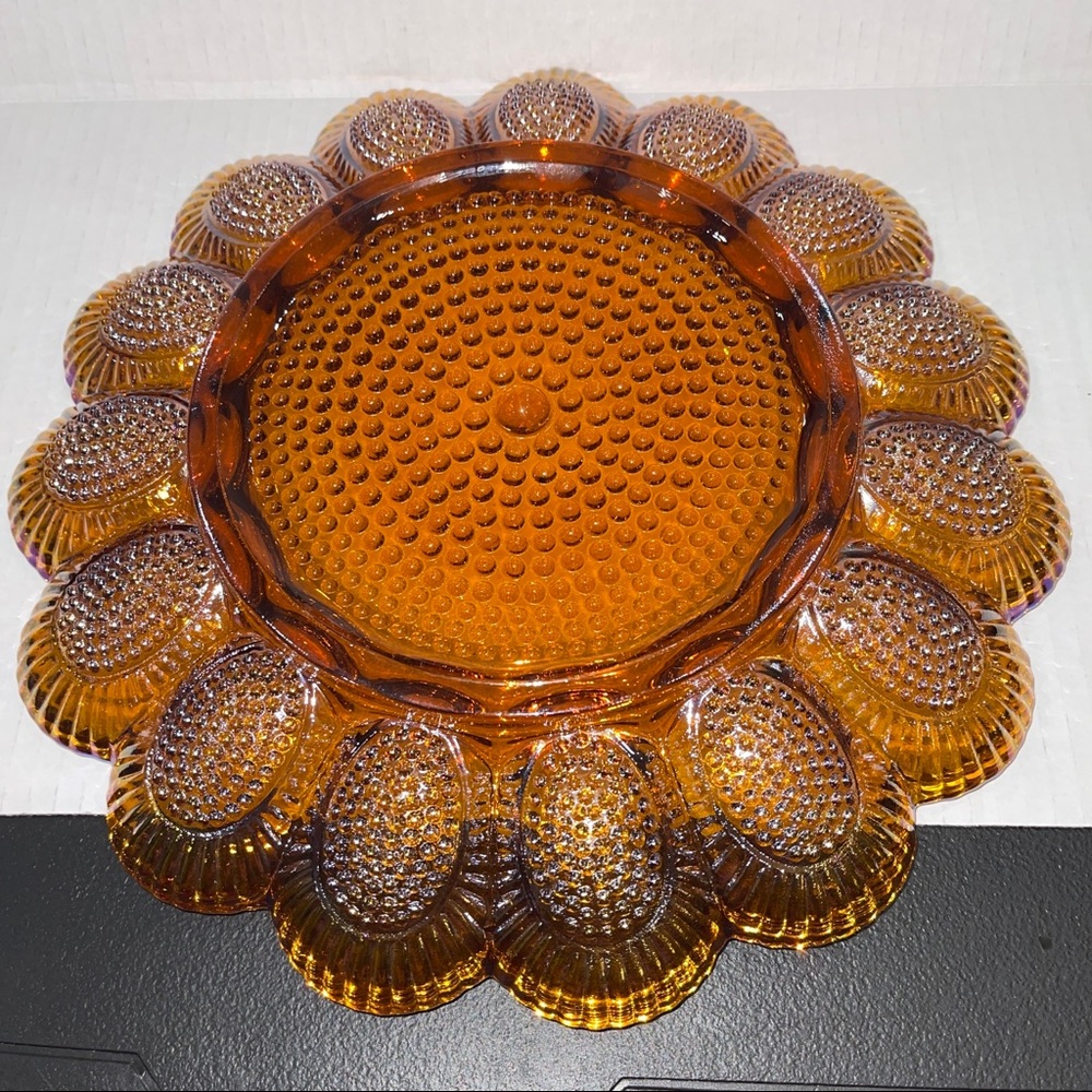 Hobnail Amber Carnival by Indiana Glass 11" Deviled Egg 15 Egg Serving Platter - Picture 4 of 7
